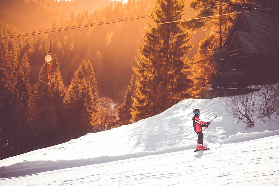 Little Skier On a Ski Lift, cold, flares, forest, hills, kids