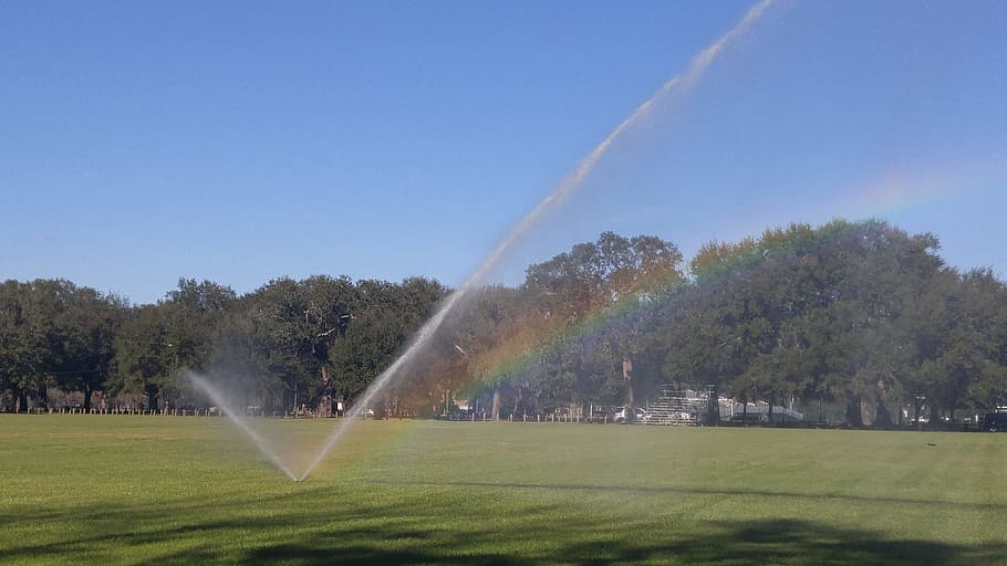 Sprinkler, Rainbow, Grass, Lawn, park, green, outdoor, summer, HD wallpaper