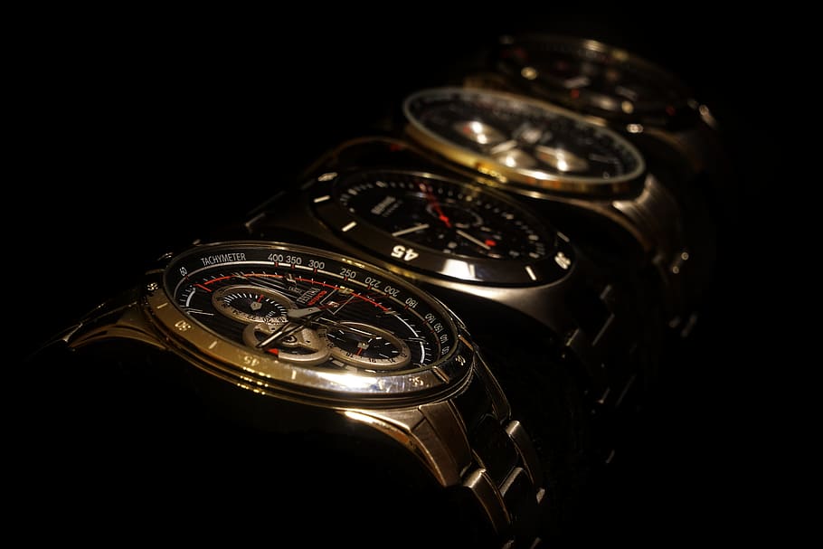 four round gold-colored chronograph watches, wrist watch, clock, HD wallpaper