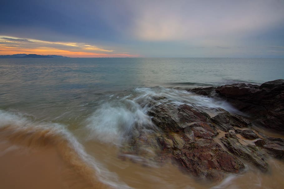sea, dawn, landscape, nature, beach, dusk, evening, long exposure HD wallpaper