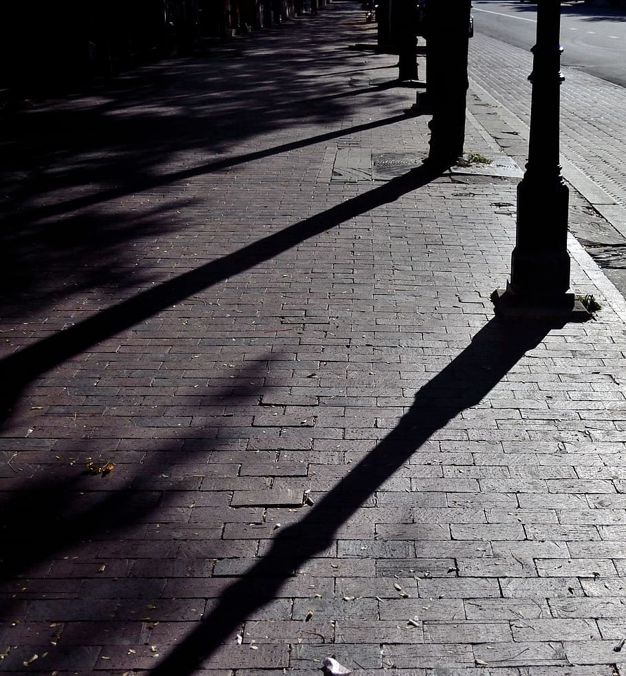 sidewalk, city, brick, shadows, urban, lamp posts, abstract HD wallpaper