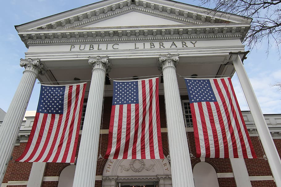 flags, civic pride, public building, public library, stamford, HD wallpaper