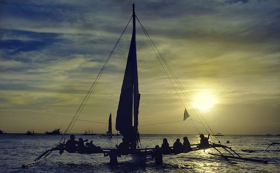 evening, sunset, boracay, beach, philippines, sailboat, water HD wallpaper