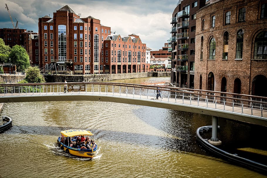 two and blue boat, bristol, harbour, ferry, river, bridge, footbridge, HD wallpaper