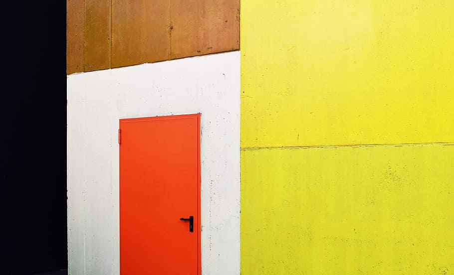 close red flush door with black lever, texture, wall, color HD wallpaper