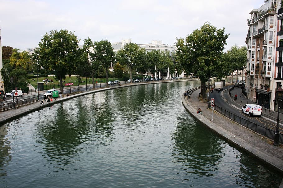 channel, saint martin, paris, water, tree, architecture, waterfront