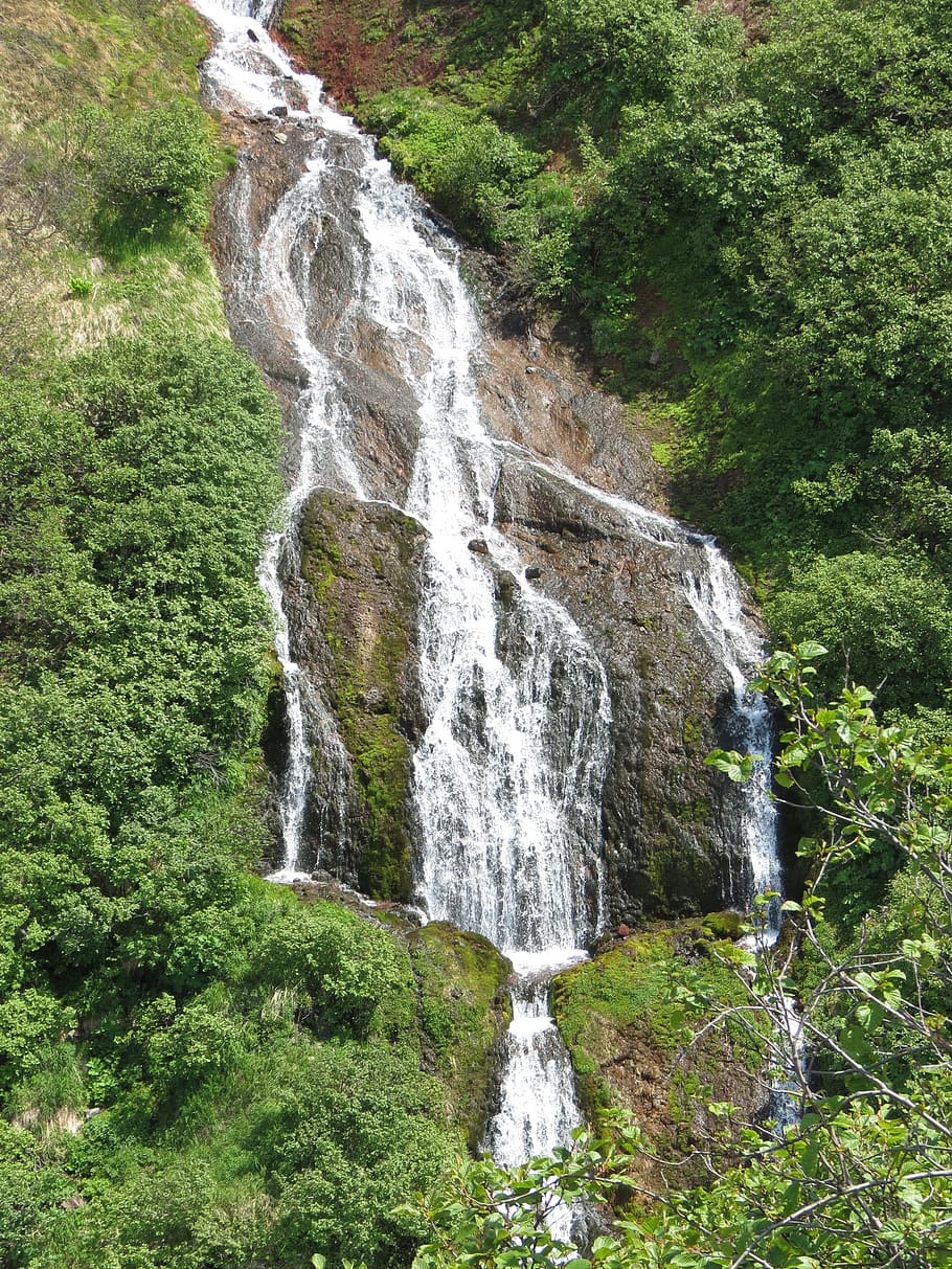 waterfall, spillway, autumn, mountain stream, mountains, landscape, HD wallpaper