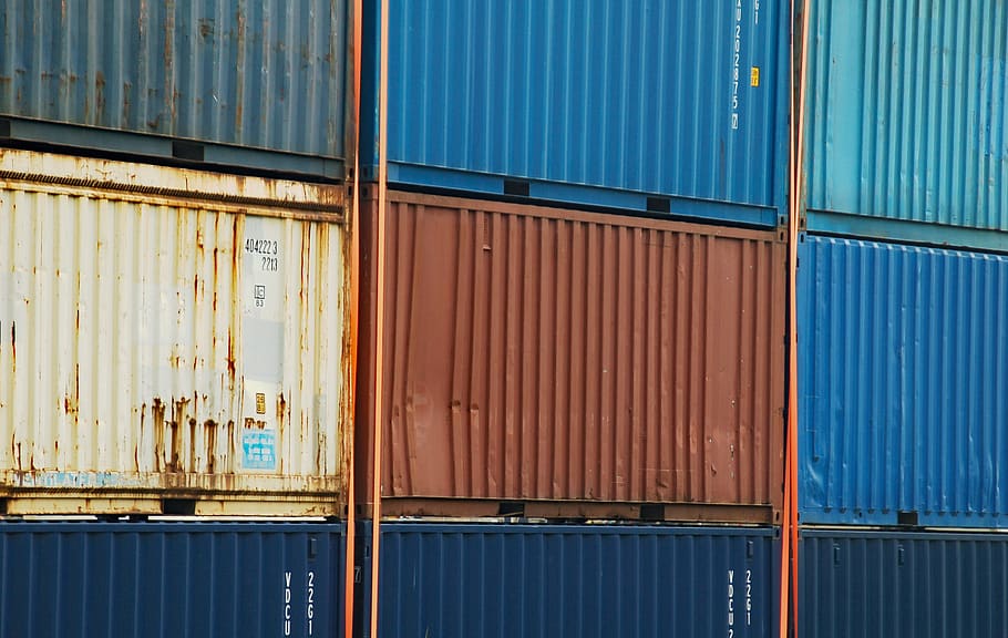 container, containers, blue, brown, white, rust, old, architecture, HD wallpaper