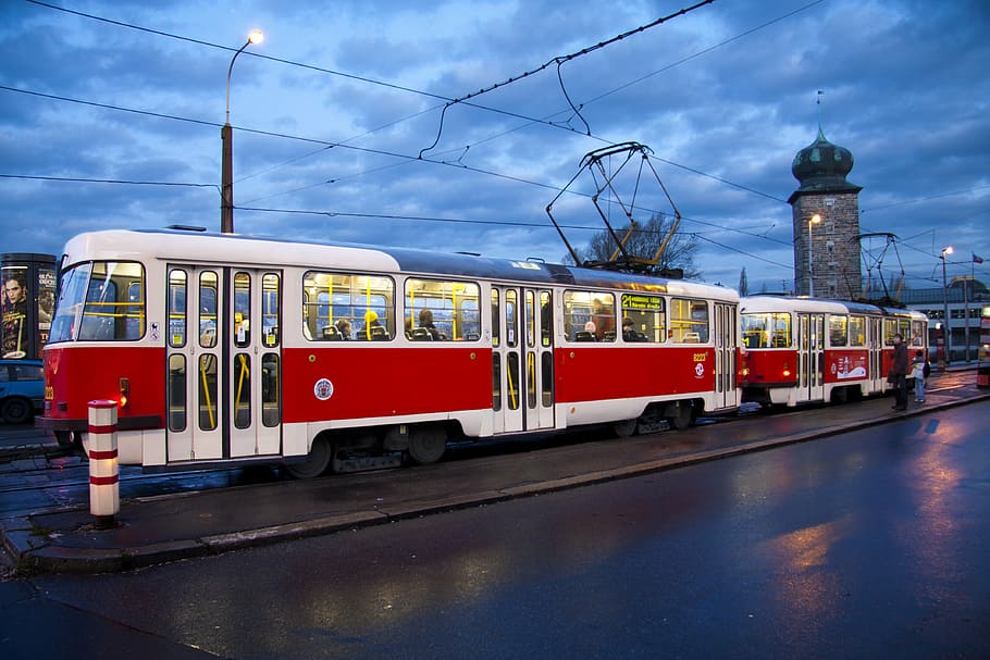 prague, dawn, tram, mode of transportation, public transportation HD wallpaper