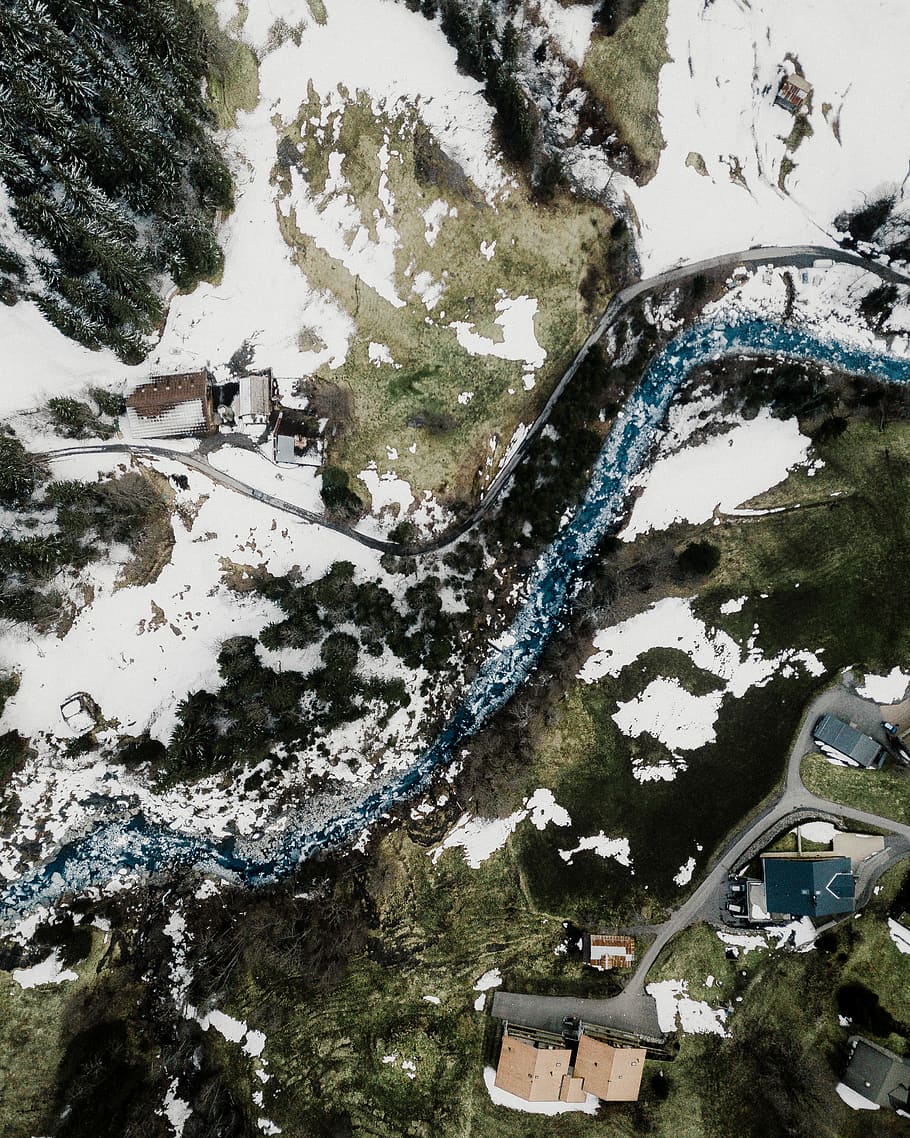 top view of road between mountains, bird's eyeview photo of mountain peak HD wallpaper