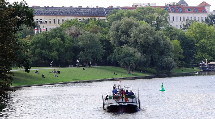 river, waters, tree, plant, group of people, real people, architecture HD wallpaper