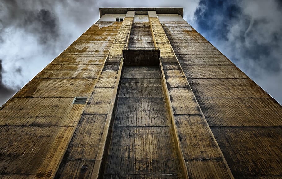 low-angle photography of building, tower, factory, headframe HD wallpaper