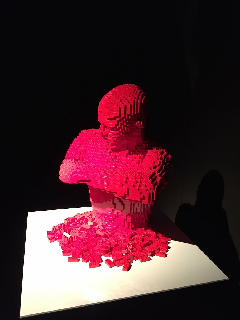 thinking, lego, red, sculpture, art, upper body, one person HD wallpaper