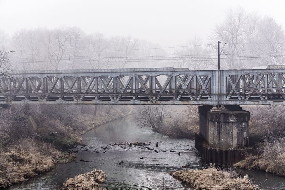 bridge, river, railway, train, the fog, steel bridge, water HD wallpaper