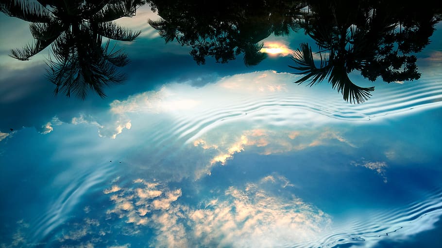 reflection of trees and cloudy sky on water, nature, blue, summer HD wallpaper