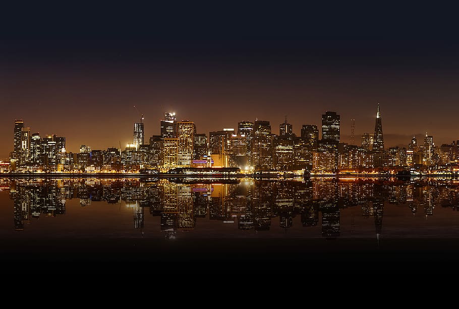 aerial view of buildings during night time, panoramic photography of city escape during night HD wallpaper