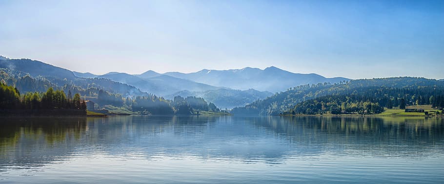 Body of Water Next to Mountain during Day Time, fog, forest, lake HD wallpaper