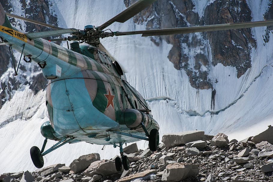 Rescue helicopter, teal, green, and gray helicopter, mountain HD wallpaper