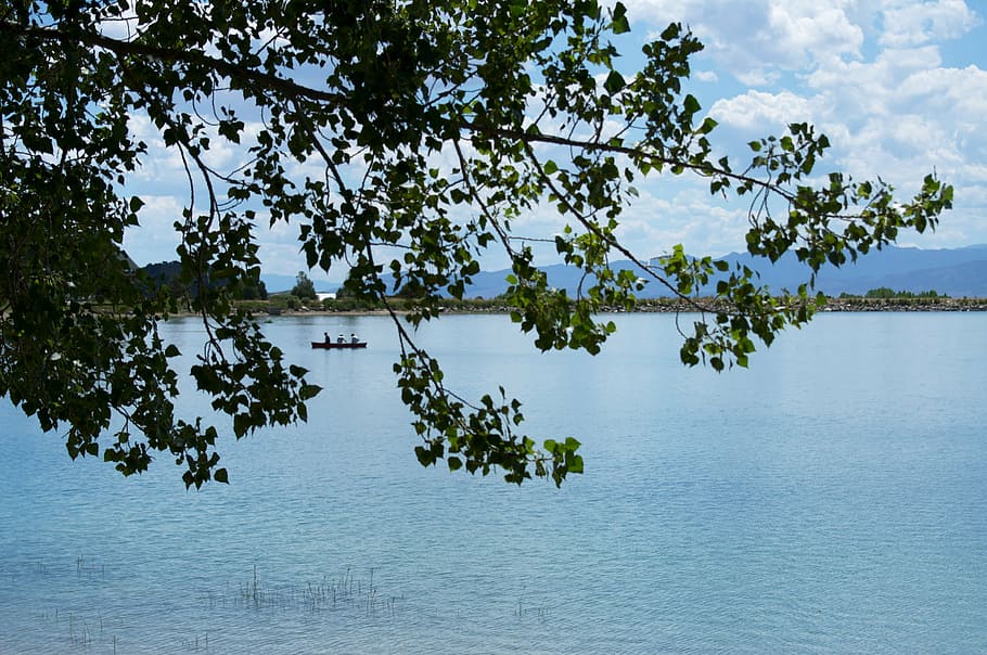 lake, canoe, leaves, blue, clouds, sky, nature, tree, water HD wallpaper