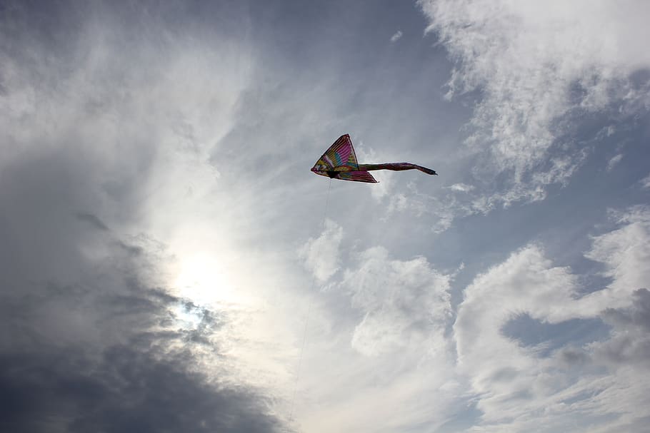kite, sky, clouds, wind, flying, cloud - sky, mid-air, low angle view HD wallpaper
