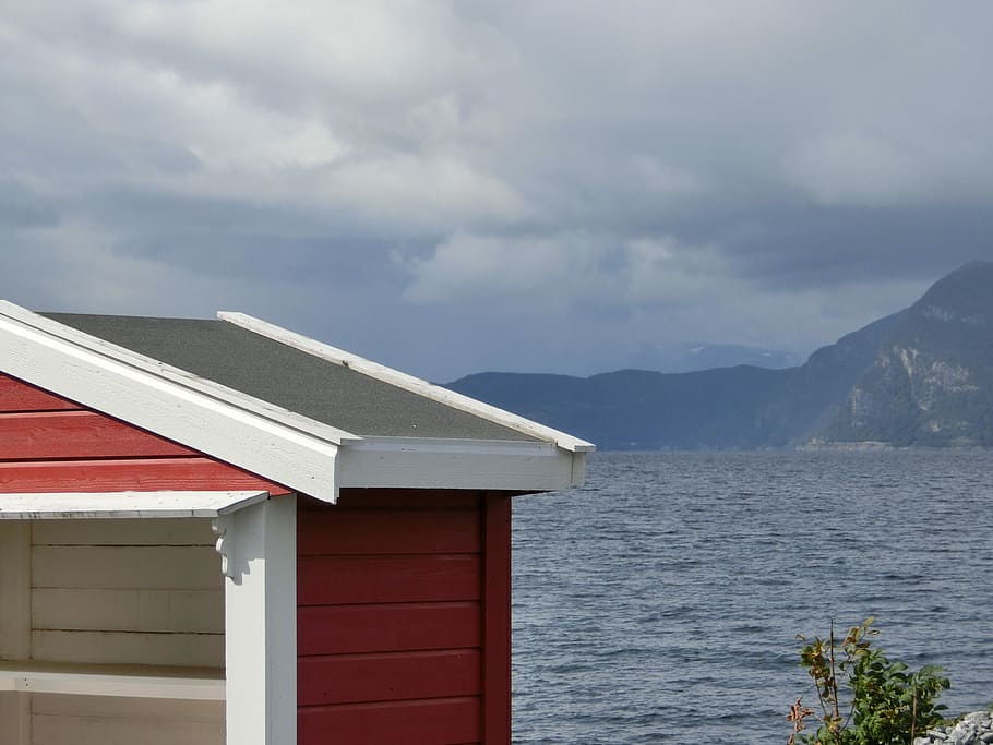 Bus Stop, Cottage, Fjord, red, mountains, cloud - sky, no people HD wallpaper
