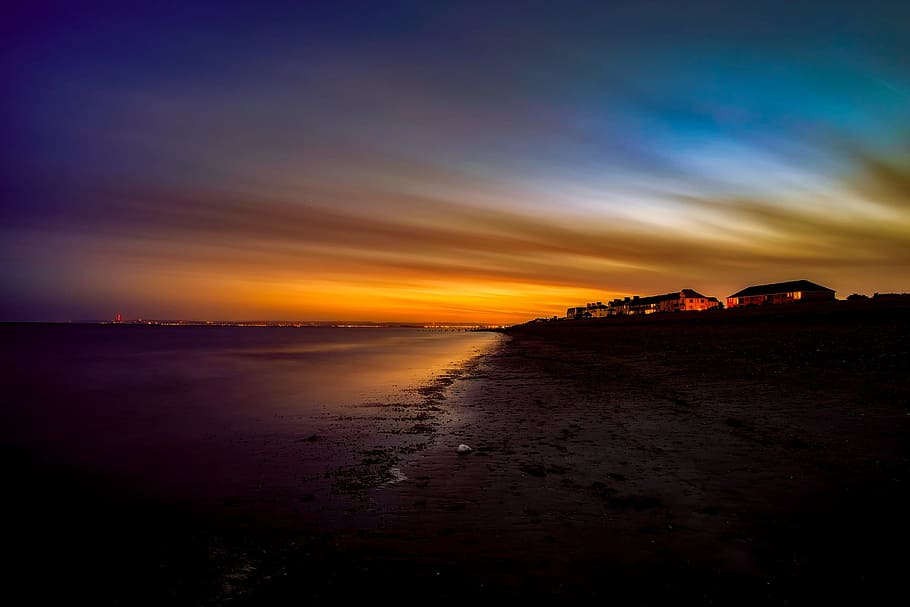 light, sea, dawn, landscape, backlit, beach, beautiful, clouds HD wallpaper