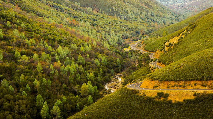 bird's-eye view of road in between mountains, highway, valley HD wallpaper