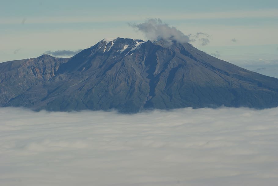 clouds, mountain, nature, sea of clouds, volcano, snow, mountain Peak HD wallpaper