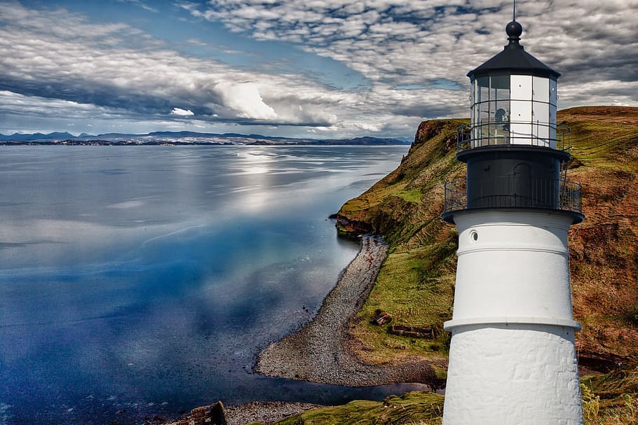 lighthouse, sea, blue, water, sky, wave, landscape, coast, rocky HD wallpaper
