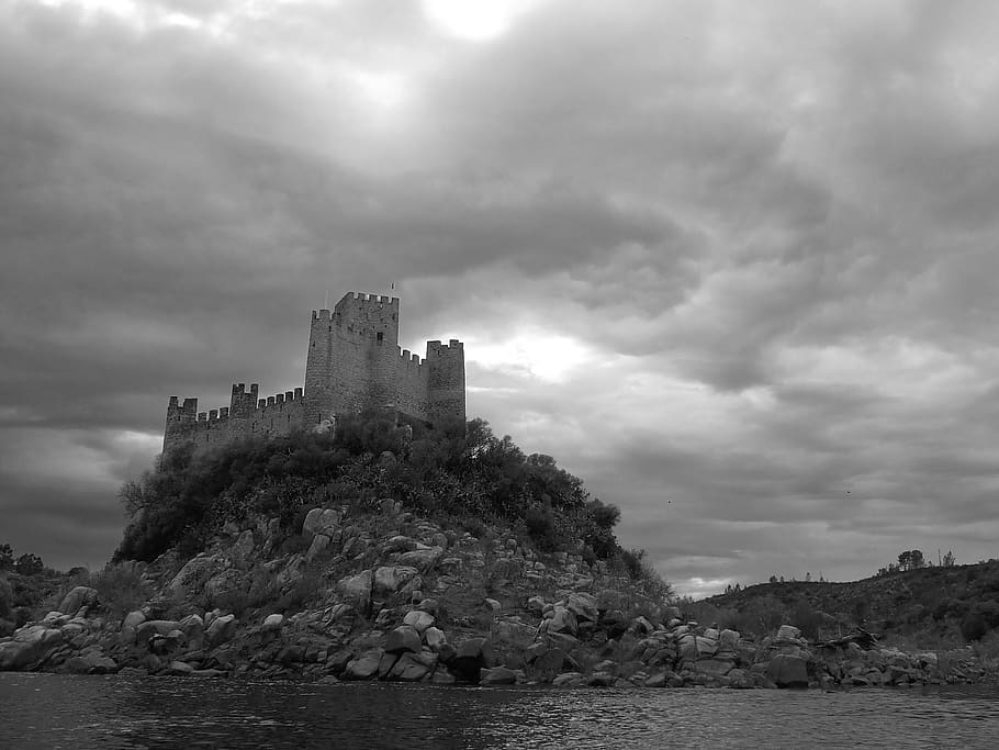 almourol, castle, templars, portugal, home, monument, black and white, HD wallpaper