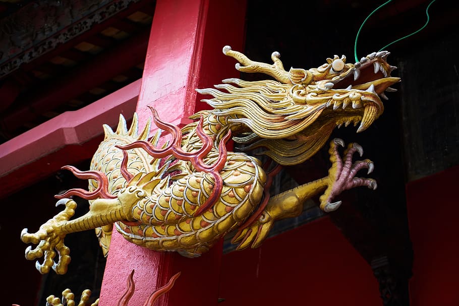dragon figurine on red surface, sculpture, chinese, religion HD wallpaper