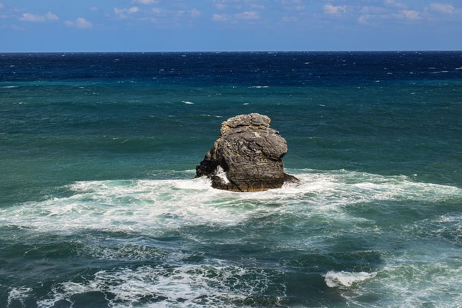 greece, skopelos, rock, alone, landscape, sea, rough sea, waves HD wallpaper