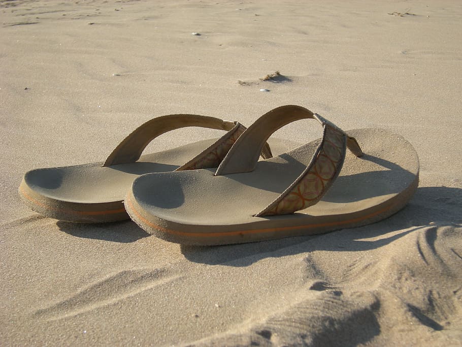 pair of brown flip-flops on sand, flip flops, sandals, beach, HD wallpaper