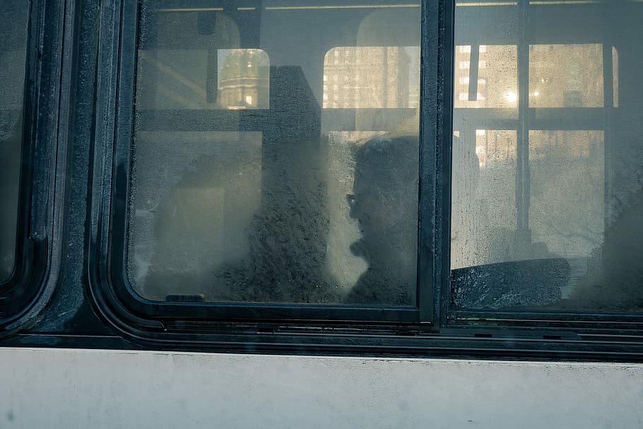 Reflection, man riding white bus, window, frost, through window HD wallpaper