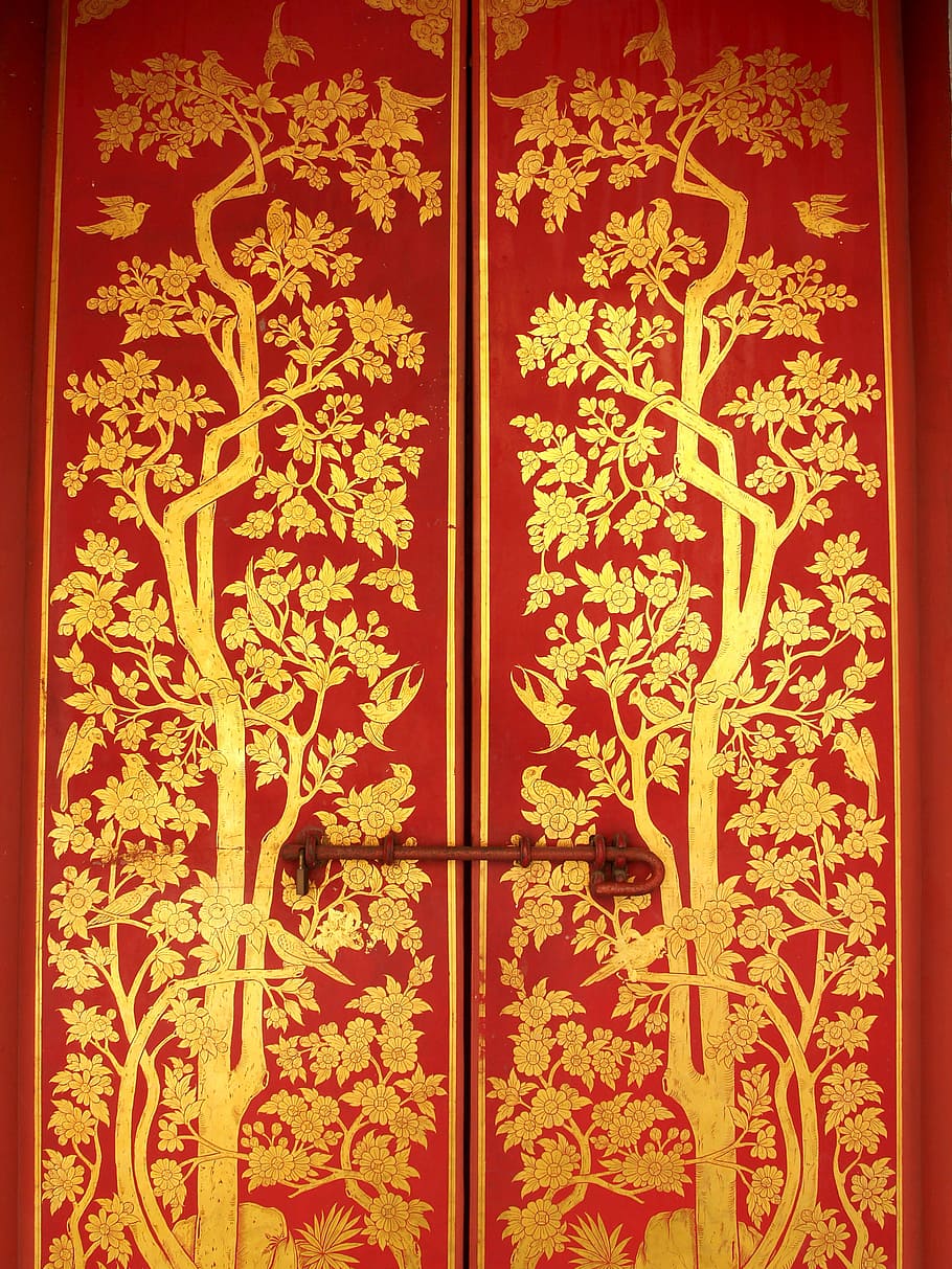 red, art, design, decoration, classic, doors, exterior, gold, HD wallpaper