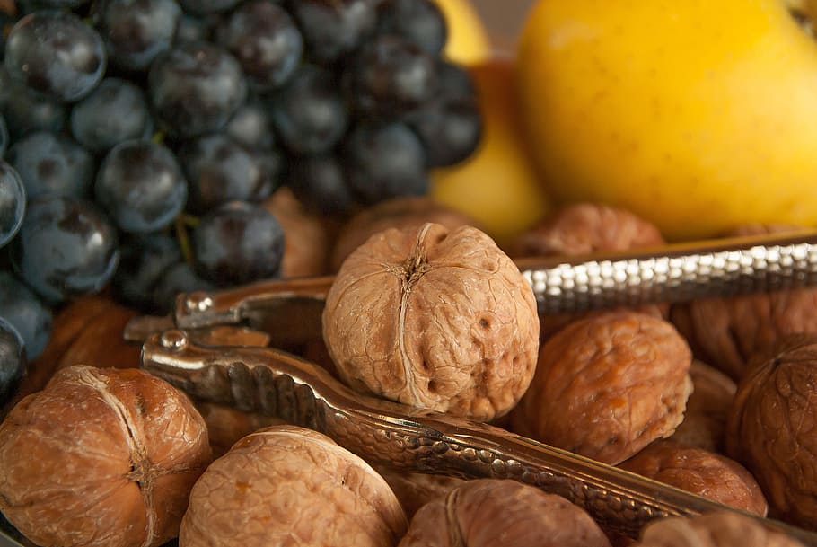 brown nut seeds, nutcracker, grape, vine, apples, nuts, autumn fruits HD wallpaper