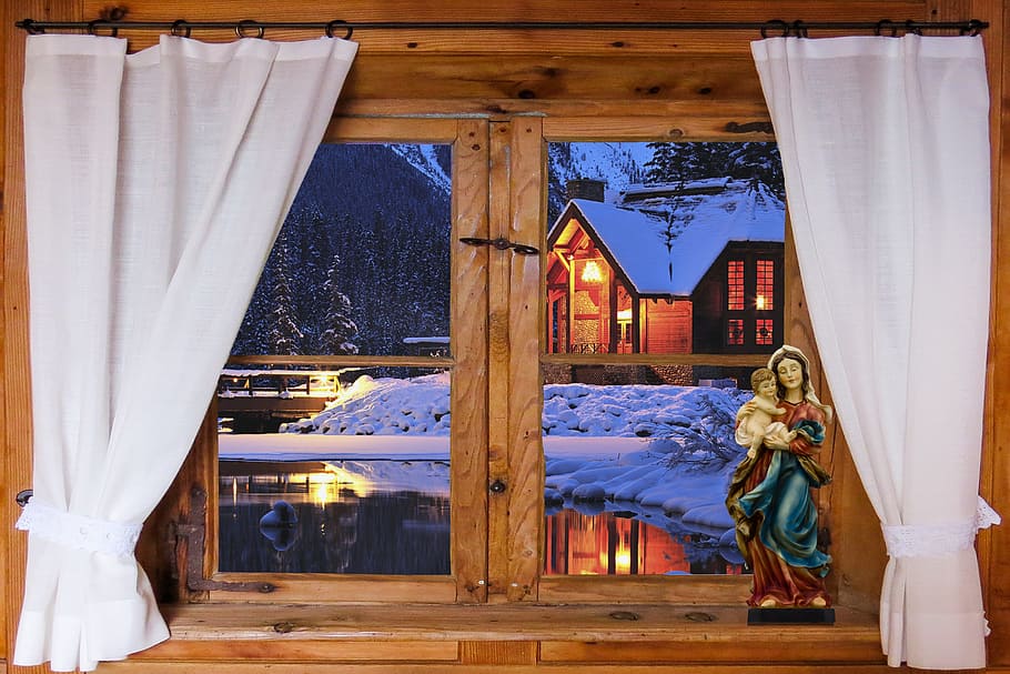 religious figurine near window panel, architecture, outlook HD wallpaper