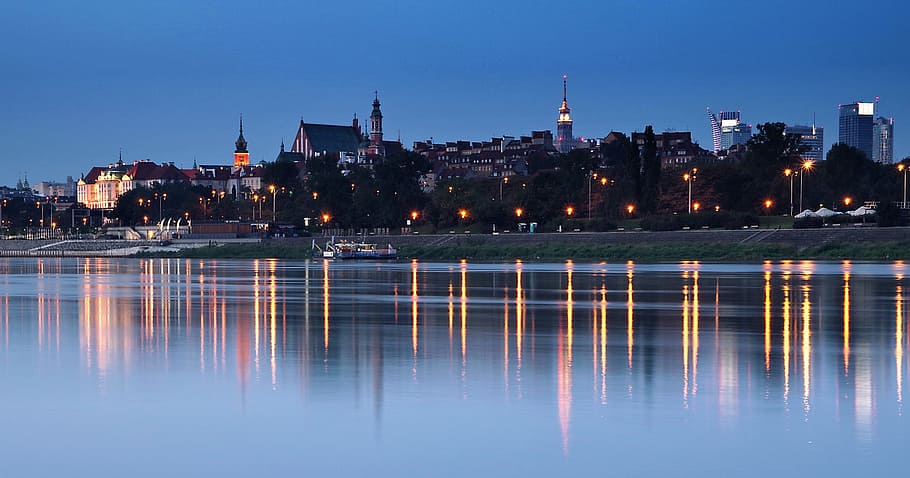 warsaw, wisla, night, panoramic, city, travel, river, landscape HD wallpaper