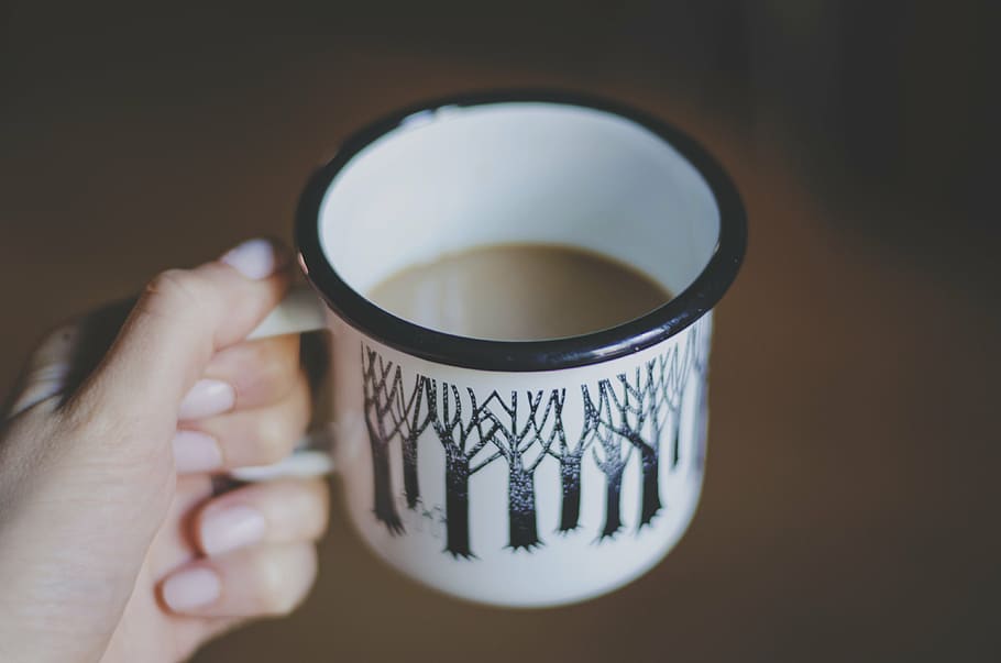 person holding white and black ceramic cup, coffee, drink, hand HD wallpaper
