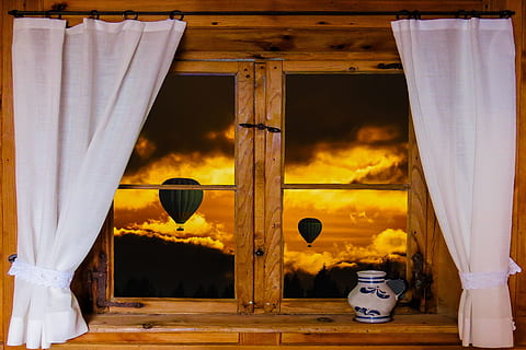 white and blue ceramic vase beside white wooden window with two white curtains HD wallpaper