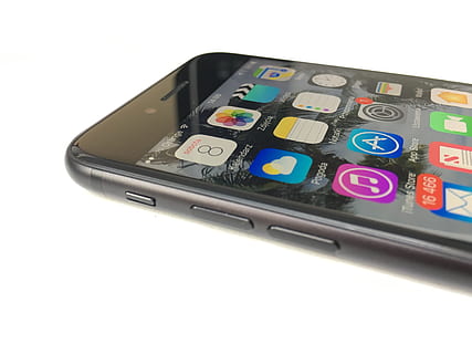 turned-on space gray iPhone 6 on white surface, Iphone 7, Touch Id HD wallpaper