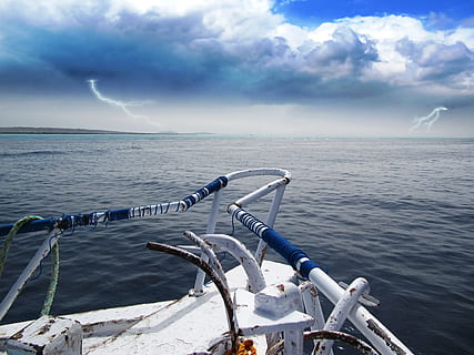 white boat on body of water near lightning strikes, storm, sea HD wallpaper