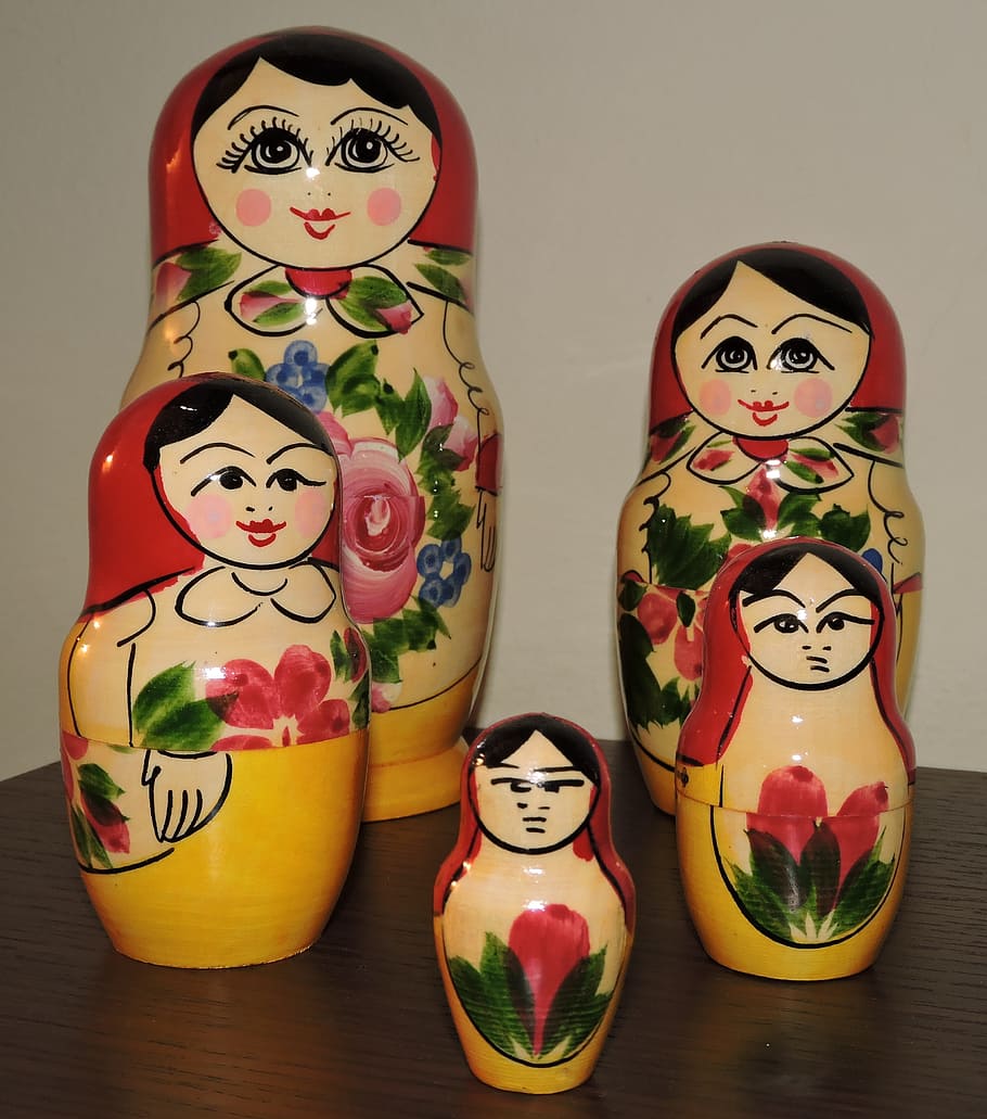 matryoshka, doll, russia, souvenir, game, nestable, five, colored, HD wallpaper