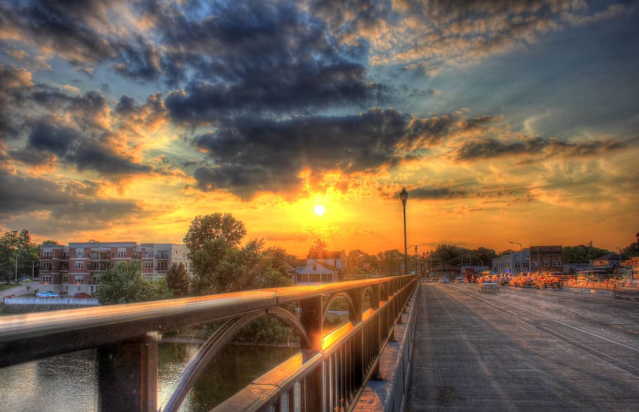 sunset, dusk, road, landscape, town, sky, clouds, bridge, cloud - sky HD wallpaper