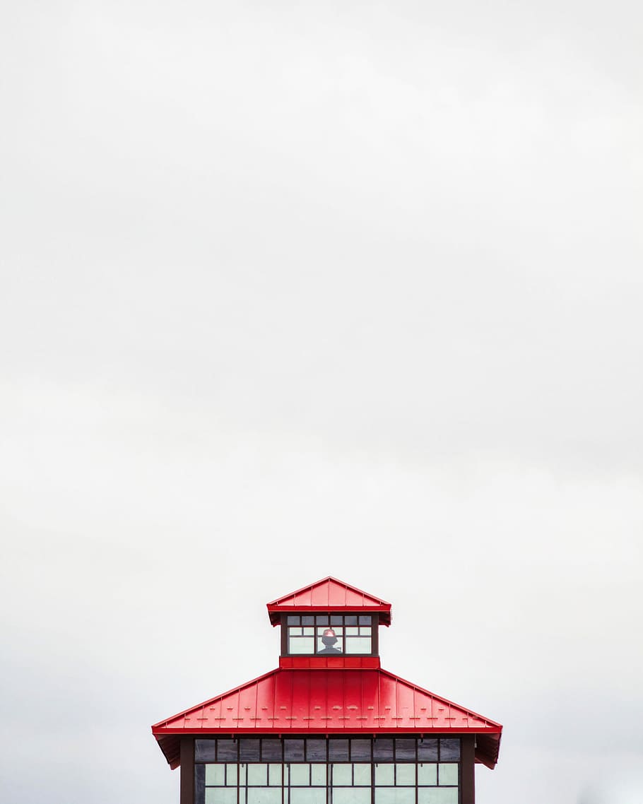 closeup photo of red and black pagoda on white background, red galvanized roof HD wallpaper