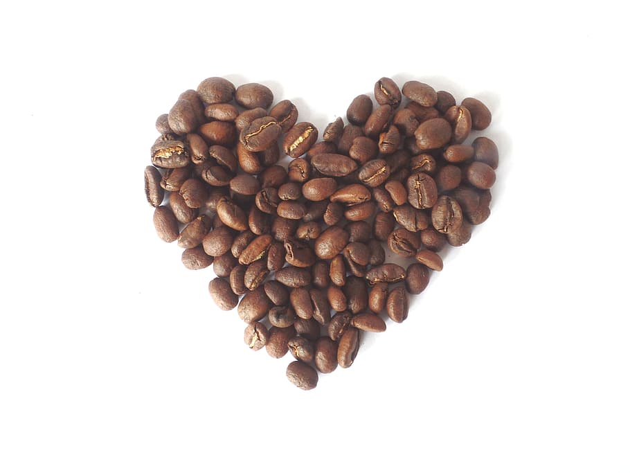 heart shaped coffee beans on white surface, love, cup, valentine's day