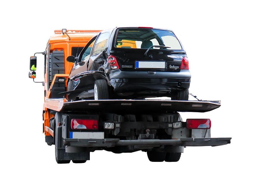 black SUV on tow truck, traffic, transport, auto, accident, drive