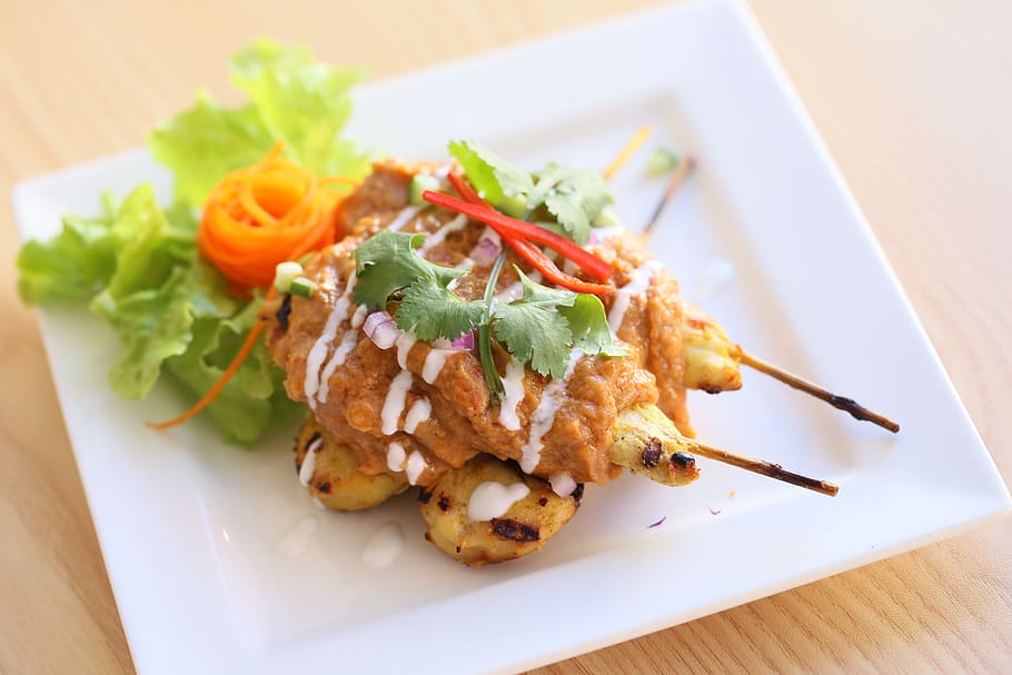 thai food, satay chicken, skewer, food and drink, ready-to-eat