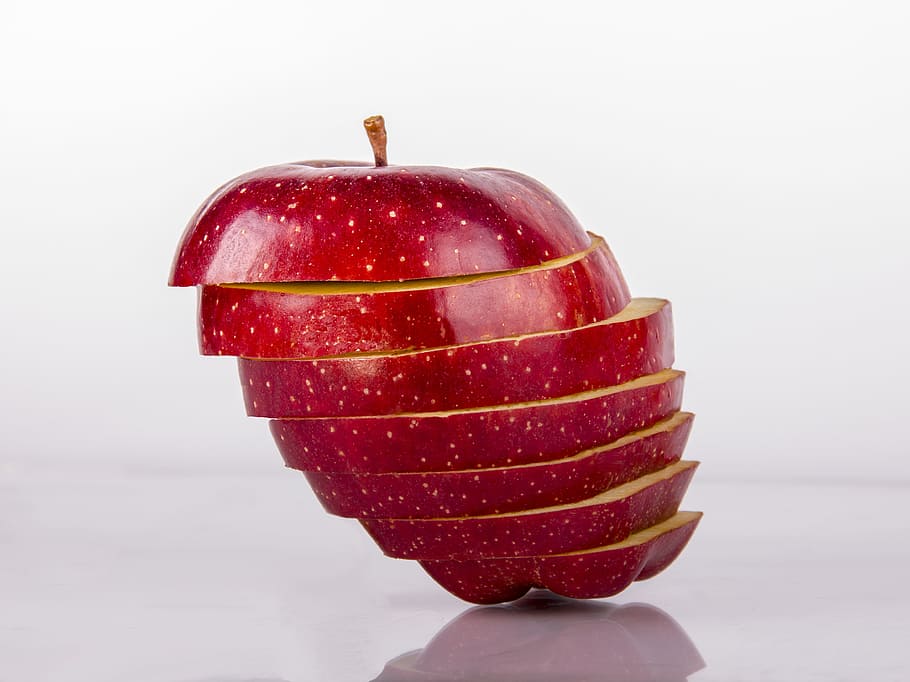 horizontal sliced red apple on white surface, object, sliced ​​apples HD wallpaper