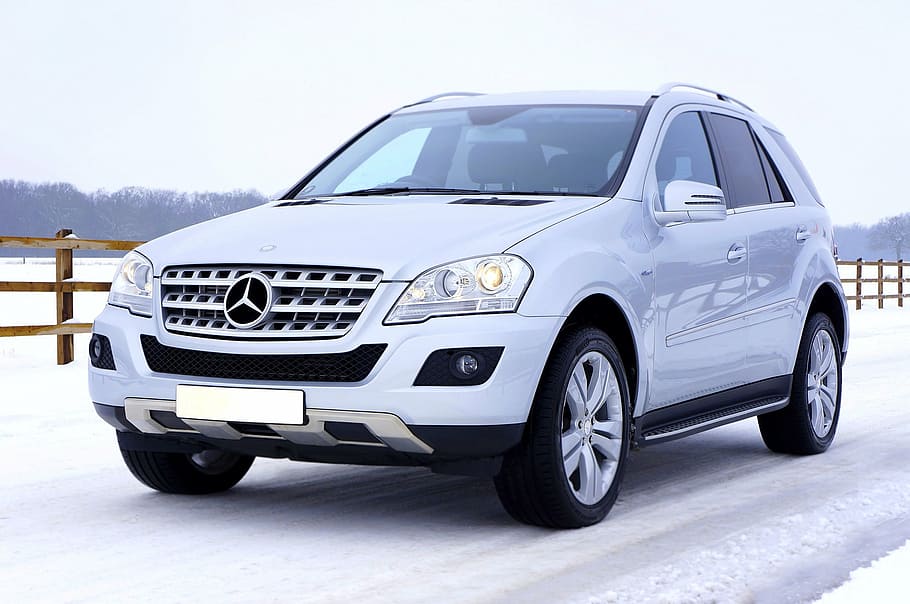 silver Mercedes-Benz ML-Class SUV on snow field, car, transport